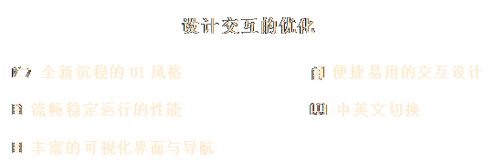 文本框: 設(shè)計(jì)交互的優(yōu)化
1 全新沉穩(wěn)的UI風(fēng)格 4 便捷易用的交互設(shè)計(jì)
2 流暢穩(wěn)定運(yùn)行的性能 & 中英文切換
3 豐富的可視化界面與導(dǎo)航